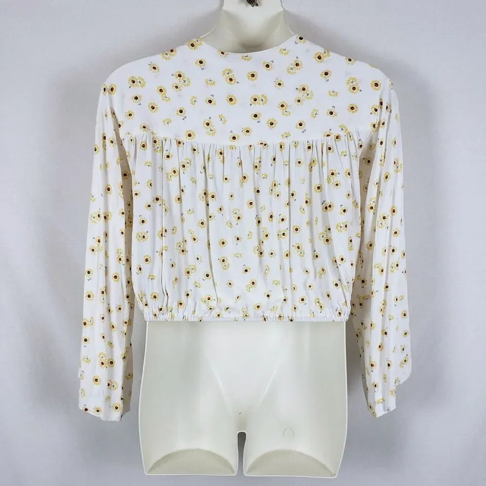 Free People Sunflower Tie-Front Peasant Top Womens L White Floral Cropped Flare